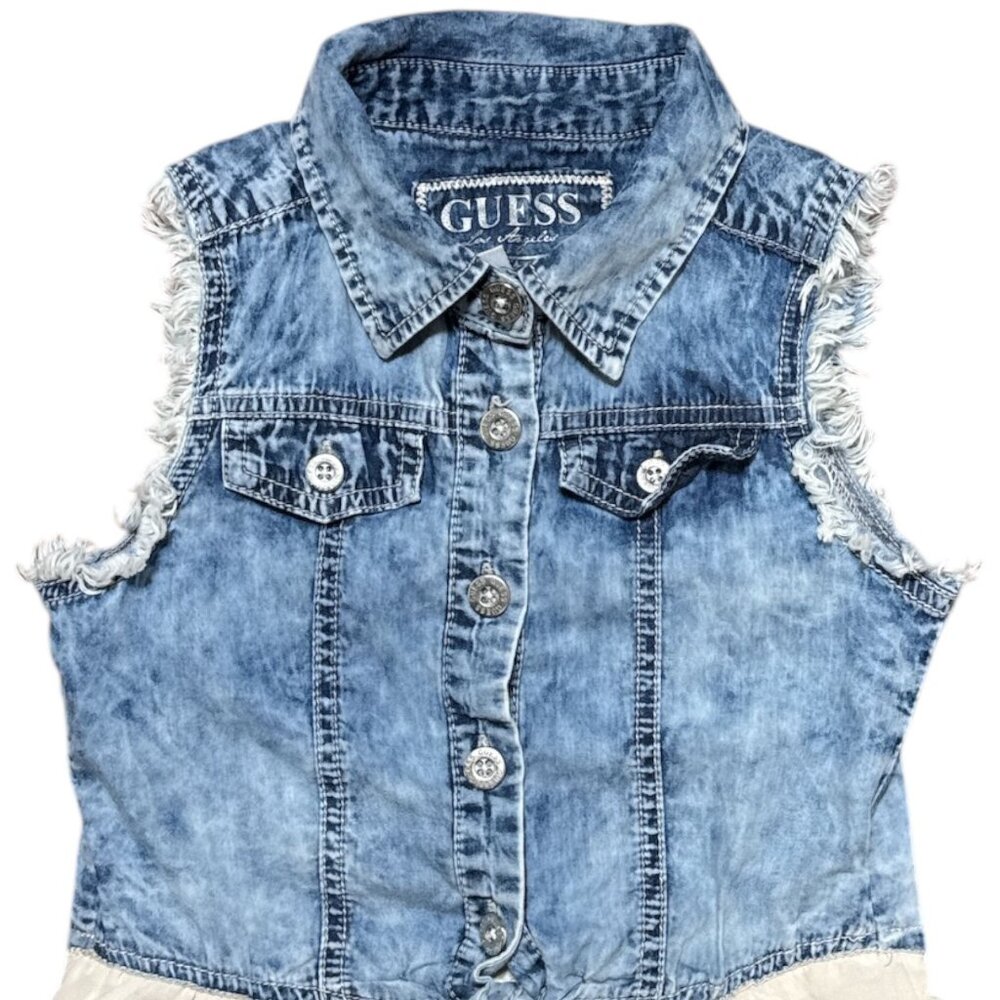 Guess Girls Size 8 Denim Chiffon Sleeveless Dress With Tie Waist & Frayed Edges - Picture 3 of 9